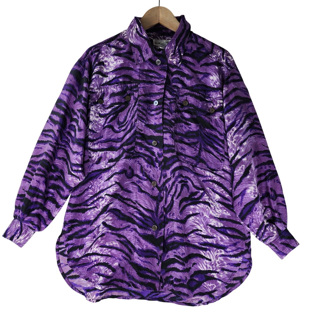 Regina Porter Silk Blouse Womens Medium Purple Tiger Stripe Animal Print Shirt
